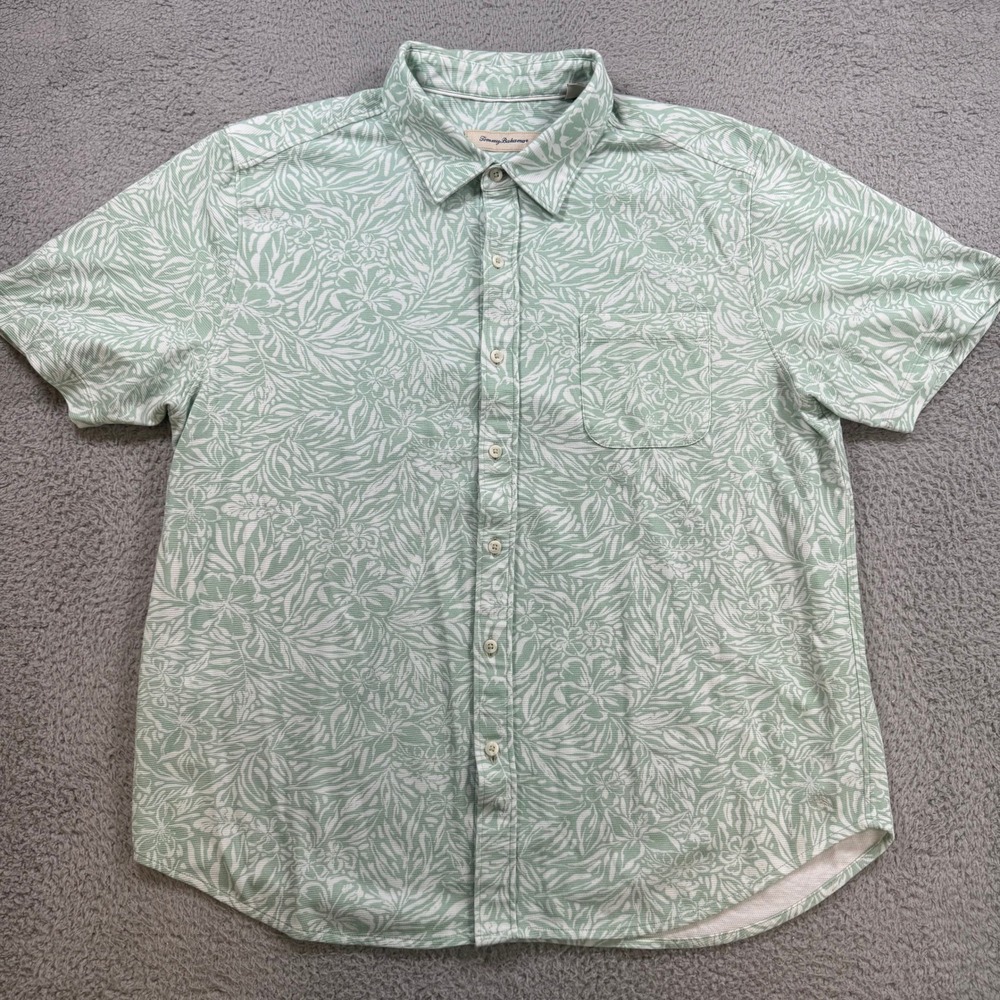 Tommy‎ Bahama Mens XXL Mint Green Floral Leaf Print Short Sleeve Button Up Shirt